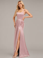 Dusty Rose Trumpet/Mermaid Spaghetti Straps Floor-Length Satin Bridesmaid Dress With Ruched