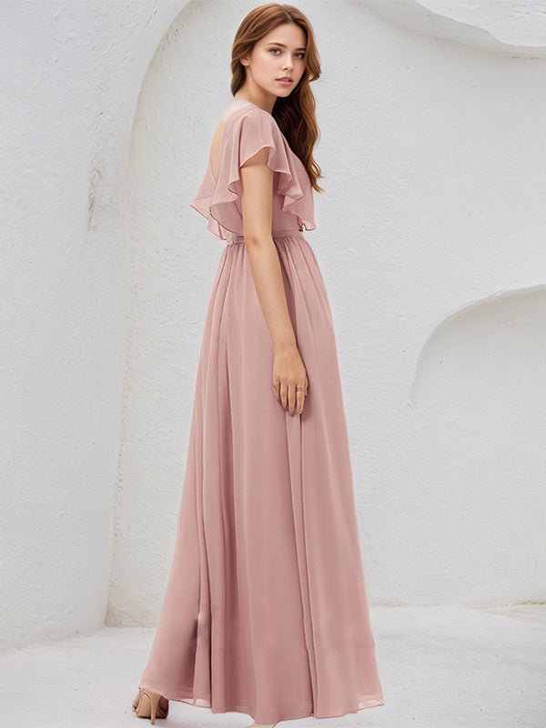 Dusty Rose A-Line V-Neck Floor-Length Chiffon Bridesmaid Dress
