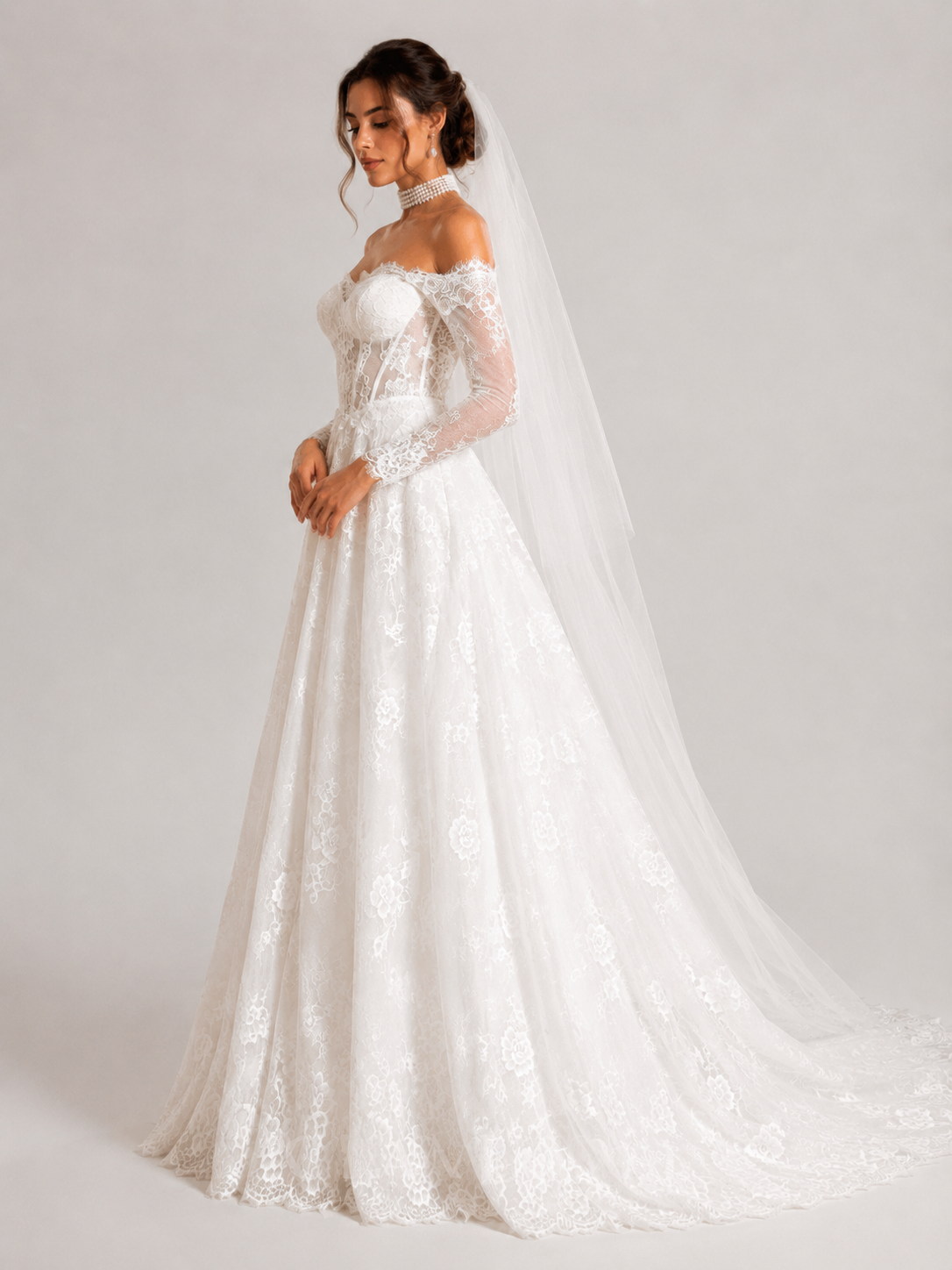 Elegant Off-the-Shoulder Lace Corset A-Line Wedding Dress with Chapel Train