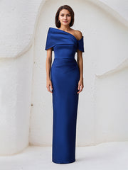 Royal Blue Asymmetrical Neckline Floor Length Sheath Satin Mother Of The Bride Dress