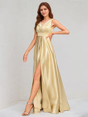 A Line Champagne Satin V Neck Sleeveless Floor Length Dress With High Slit
