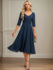 A-line V-Neck Tea-Length Chiffon Mother of the Bride Dress With Pleated