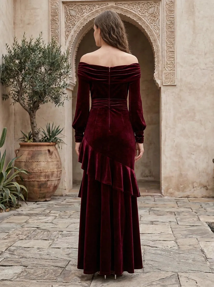 Burgundy Off-the-shoulder Ruffle Velvet Evening Dress with High-Low Hem