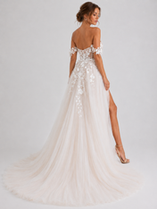 Elegant Off-the-Shoulder 3D Floral Applique Tulle A-Line Wedding Dress with High Slit and Chapel Train