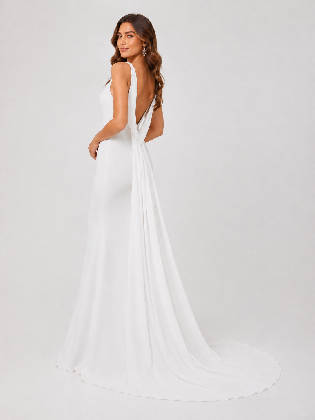 Elegant V-Neck Satin Sheath Wedding Dress with Dramatic Draped Back Chapel Train