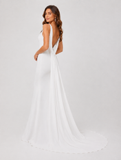 Elegant V-Neck Satin Sheath Wedding Dress with Dramatic Draped Back Chapel Train