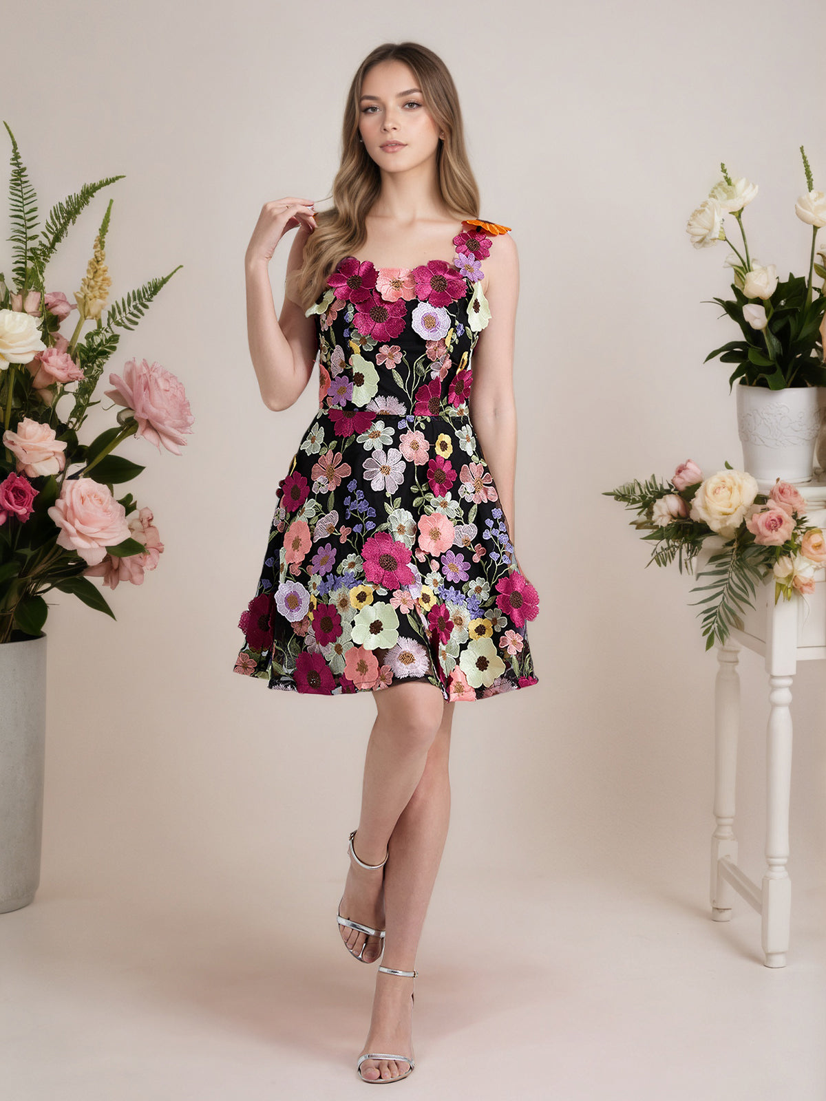 A-Line 3D Floral Short Purple Homecoming Mini Dress
