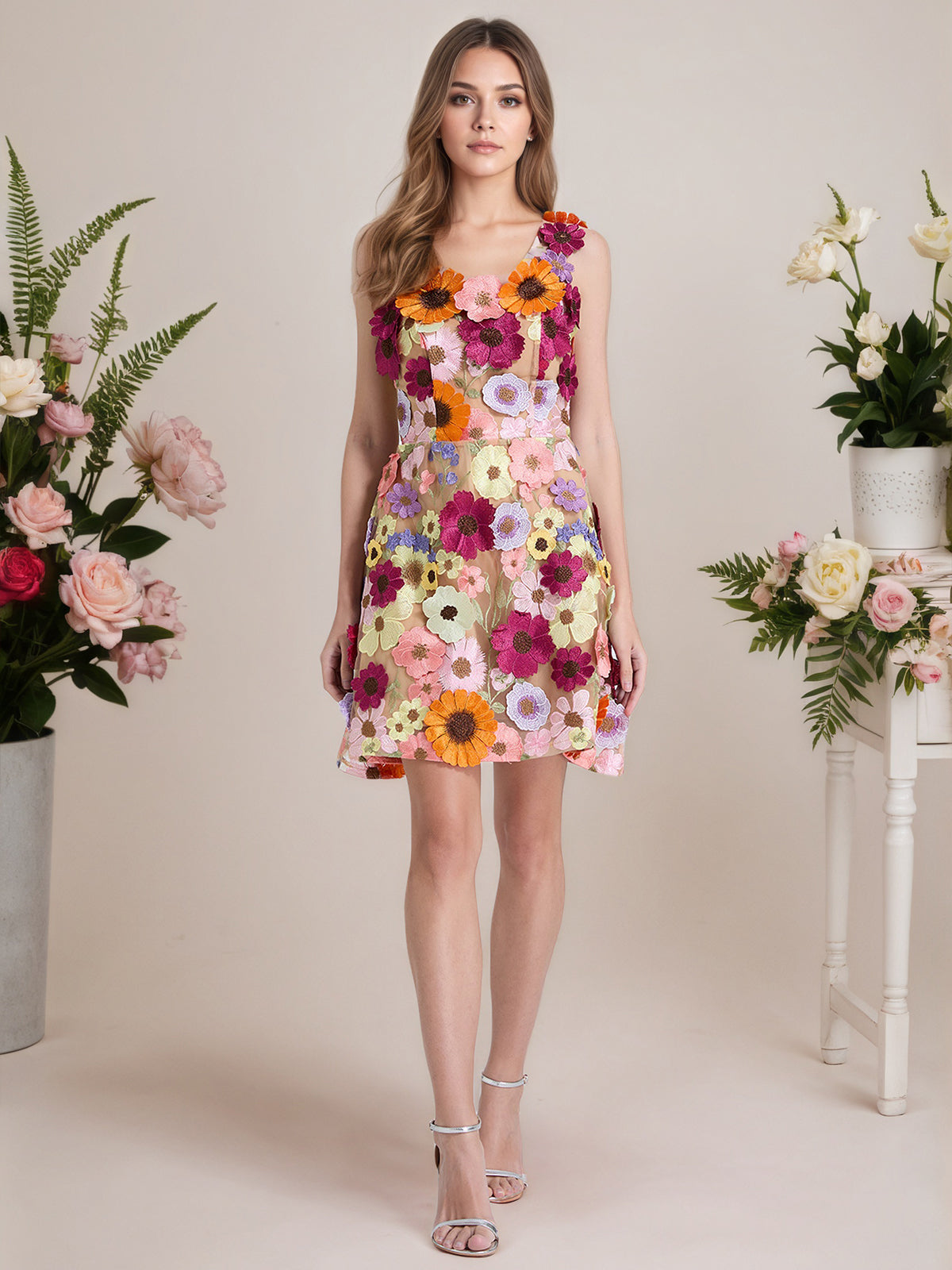 A-Line 3D Floral Short Purple Homecoming Mini Dress
