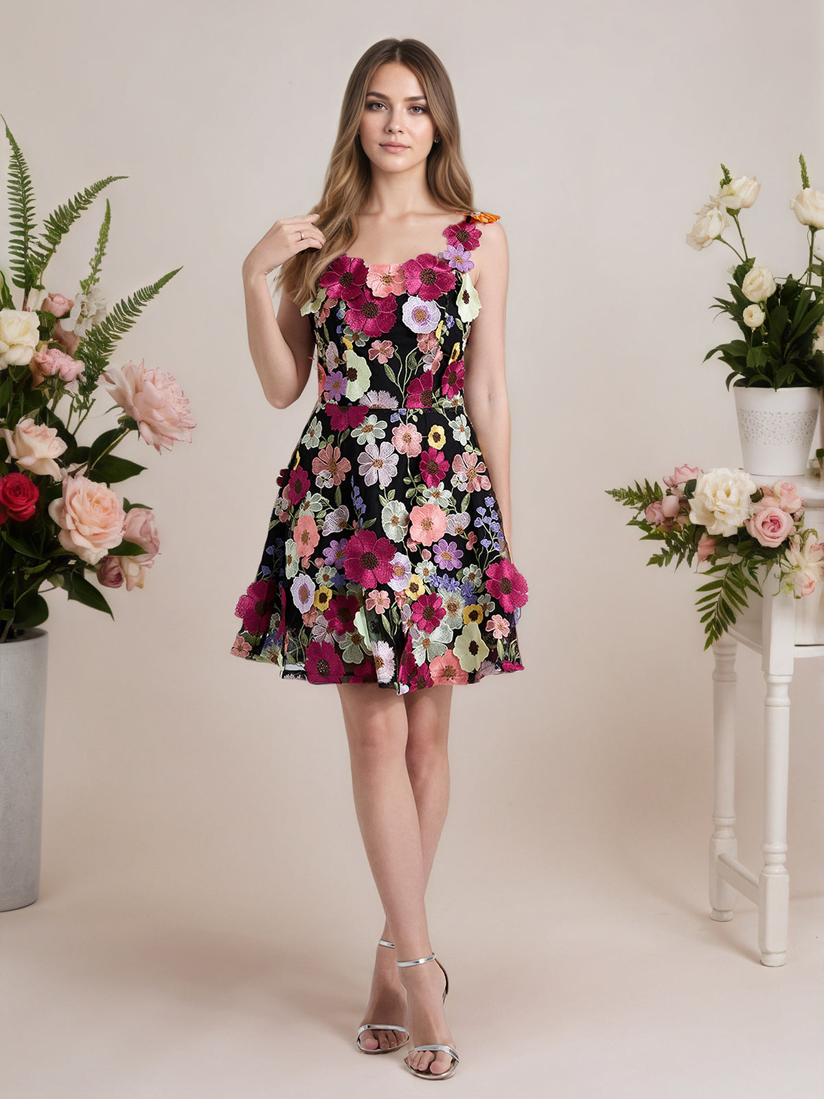 A-Line 3D Floral Short Purple Homecoming Mini Dress