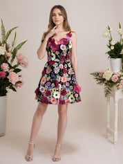 A-Line 3D Floral Short Purple Homecoming Mini Dress