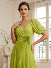 A-Line Chiffon Evening Gown with Feather V-Neck Short Sleeves Formal Dress