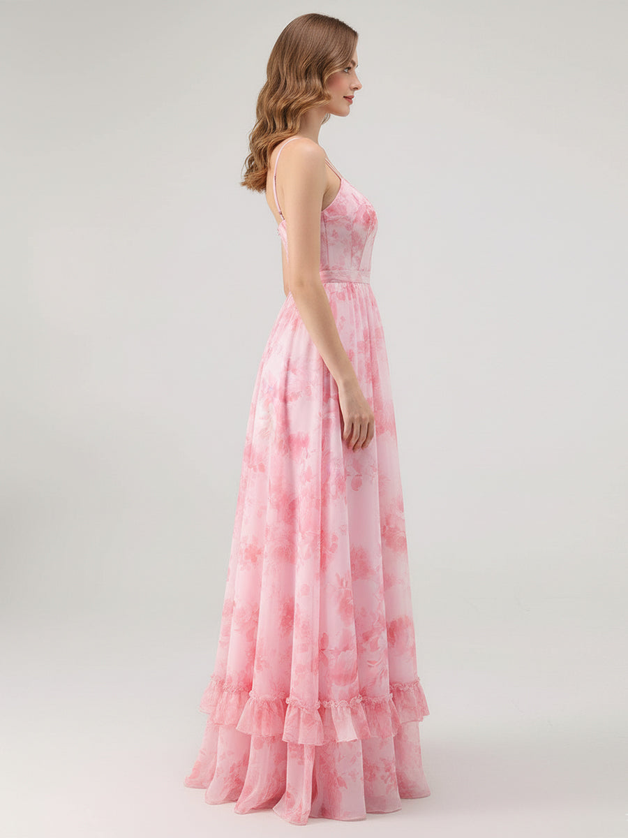 Dreamylily Pink A-Line Chiffon Floral Bridesmaid Dress with Ruffles