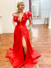 V-Neck Ruffle A-Line Long Prom Dress with Slit