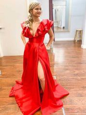 V-Neck Ruffle A-Line Long Prom Dress with Slit
