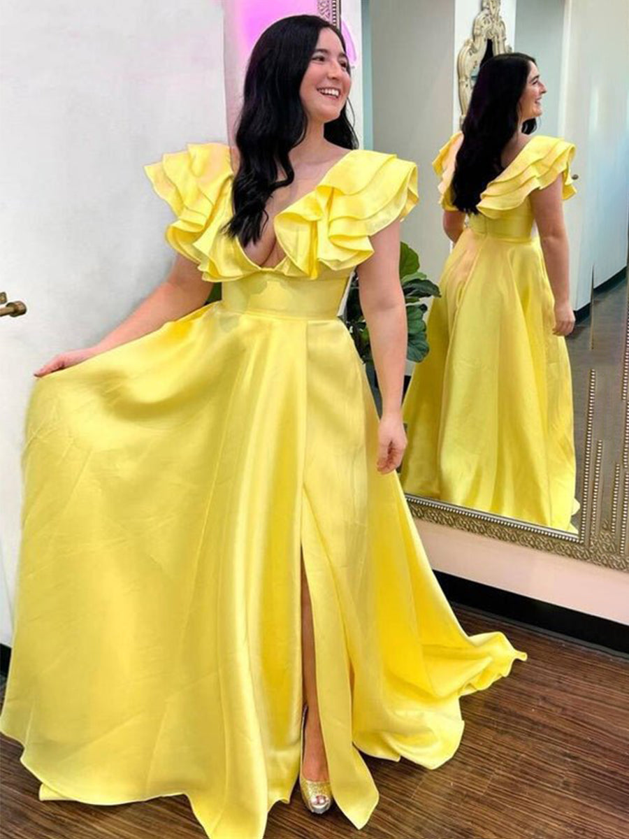 V-Neck Ruffle A-Line Long Prom Dress with Slit