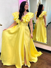 V-Neck Ruffle A-Line Long Prom Dress with Slit