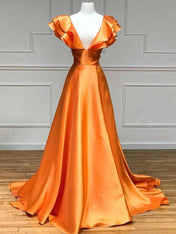 V-Neck Ruffle A-Line Long Prom Dress with Slit