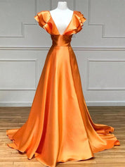 V-Neck Ruffle A-Line Long Prom Dress with Slit