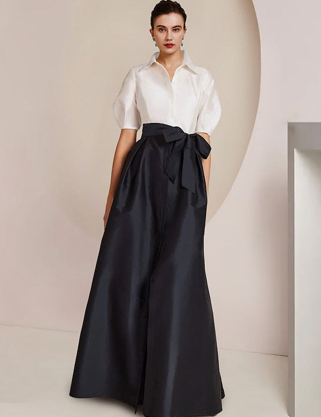 A-LineMotheroftheBrideDressFormalWeddingGuestElegantPartyShirtCollarFloorLengthTaffetaShortSleevewithBow_s_ColorBlock2024.jpg