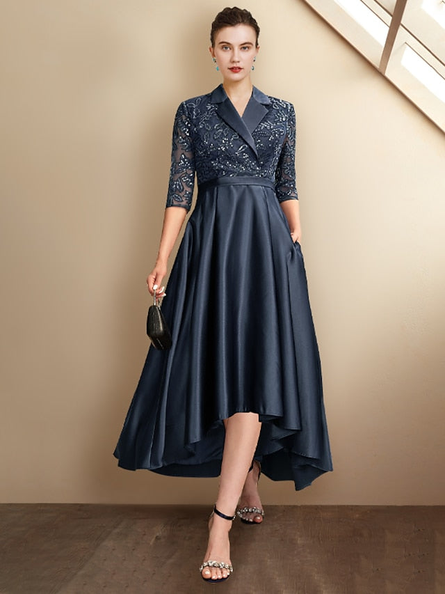 A-LineMotheroftheBrideDressPlusSizeElegantHighLowShirtCollarAsymmetricalTeaLengthSatinLaceHalfSleevewithPleatsSequinAppliques2023.jpg