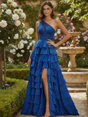 A-Line One-Shoulder Stretch Satin Ruffle Slit Prom Dress with Beaded Appliques