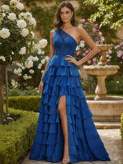 A-Line One-Shoulder Stretch Satin Ruffle Slit Prom Dress with Beaded Appliques