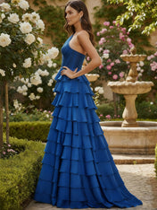 A-Line One-Shoulder Stretch Satin Ruffle Slit Prom Dress with Beaded Appliques
