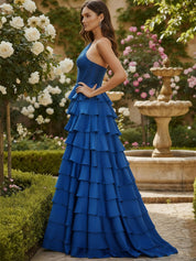 A-Line One-Shoulder Stretch Satin Ruffle Slit Prom Dress with Beaded Appliques