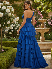 A-Line One-Shoulder Stretch Satin Ruffle Slit Prom Dress with Beaded Appliques