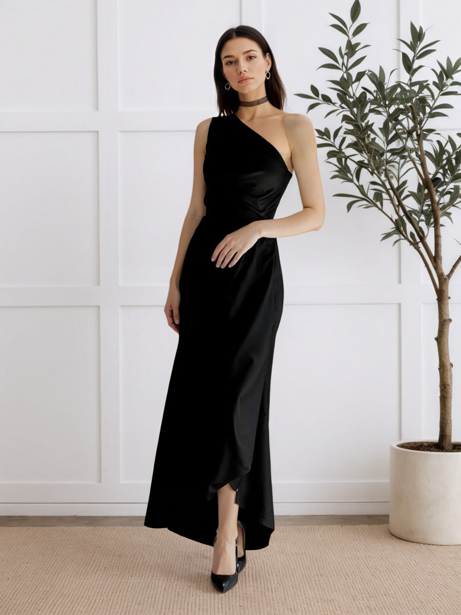 A-Line One Shoulder Satin Long Formal Dress