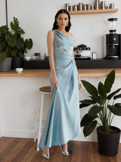 A-Line One Shoulder Satin Long Formal Dress