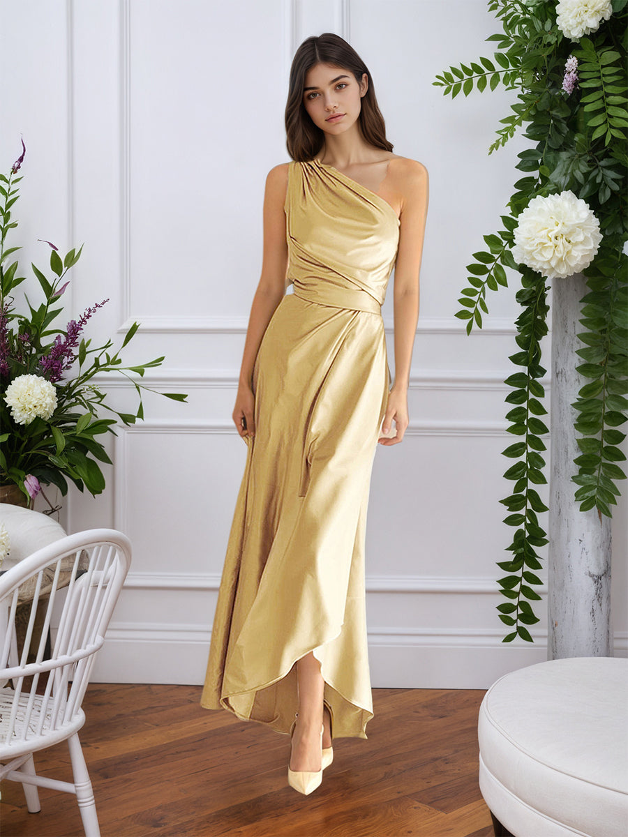 A-Line One Shoulder Satin Long Formal Dress
