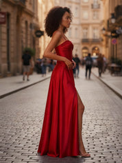 A-Line Pleated Corset Prom Dress with Slit Detachable Straps