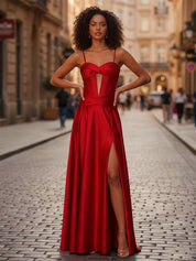 A-Line Pleated Corset Prom Dress with Slit Detachable Straps