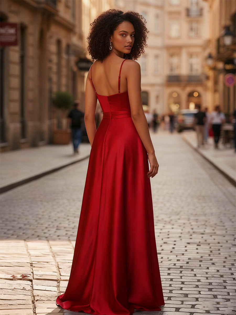 A-Line Pleated Corset Prom Dress with Slit Detachable Straps
