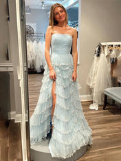Glitter Light Blue A-Line Strapless Tulle Long Prom Dress with Ruffled Skirt