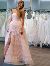Glitter Light Blue A-Line Strapless Tulle Long Prom Dress with Ruffled Skirt