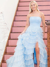 Glitter Light Blue A-Line Strapless Tulle Long Prom Dress with Ruffled Skirt