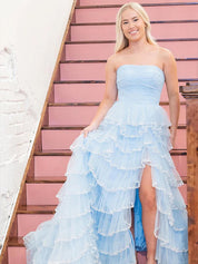 Glitter Light Blue A-Line Strapless Tulle Long Prom Dress with Ruffled Skirt