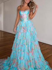 A-Line Strapless Print Ruffles Tiered Long Prom Dress