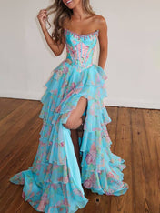 A-Line Strapless Print Ruffles Tiered Long Prom Dress
