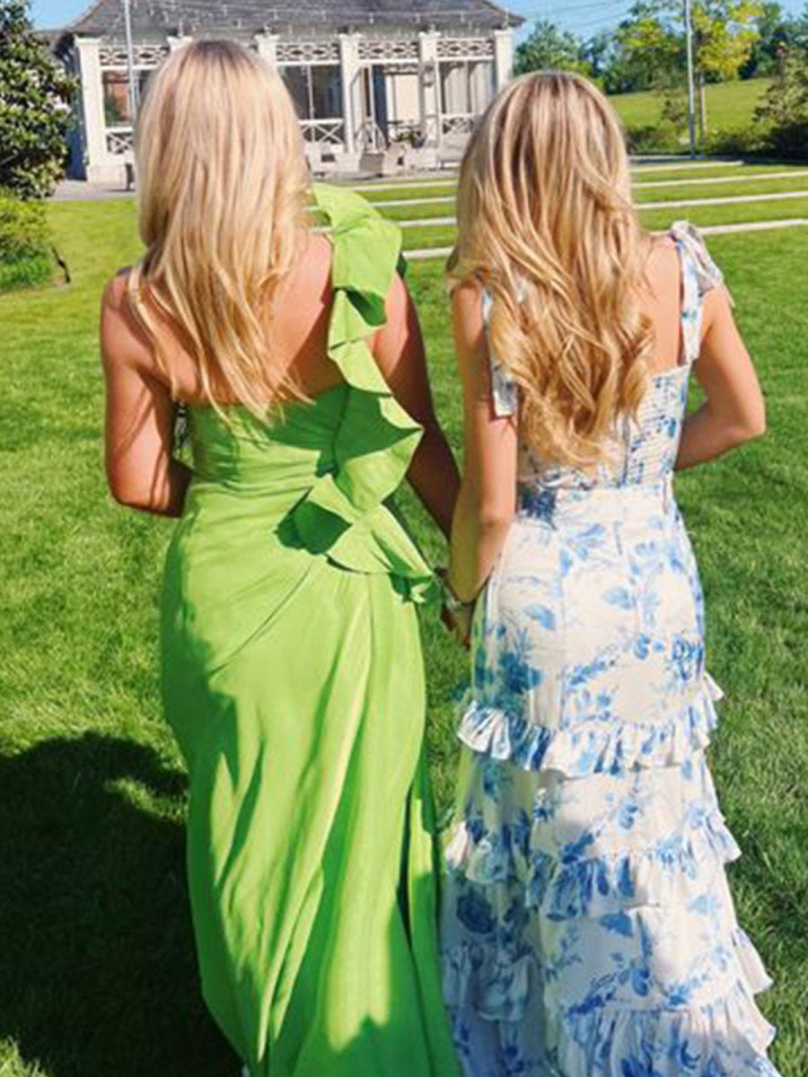 Blue A-Line Strapless Print Tiered Long Prom Dress