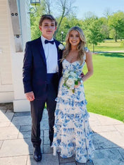 Blue Print A-Line Strapless Tiered Long Prom Dress