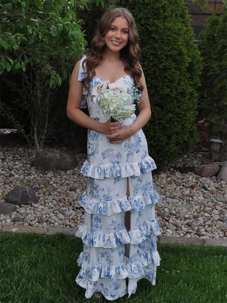 Blue Print A-Line Strapless Tiered Long Prom Dress