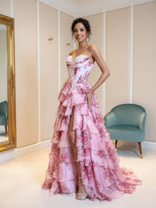 A-Line Strapless Sweetheart Print Tiered Tulle Long Prom Dress with Slit