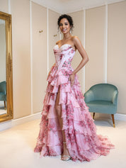 A-Line Strapless Sweetheart Print Tiered Tulle Long Prom Dress with Slit