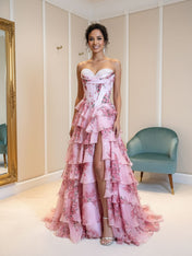 A-Line Strapless Sweetheart Print Tiered Tulle Long Prom Dress with Slit