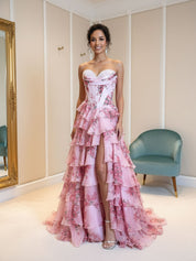 A-Line Strapless Sweetheart Print Tiered Tulle Long Prom Dress with Slit