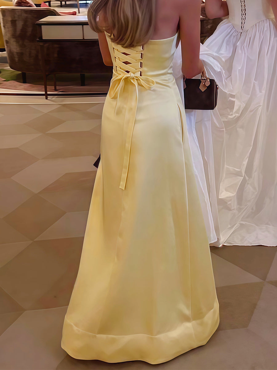 A-Line Yellow Strapless Floor-Length Prom Dress