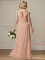 A-Line Illusion Neck 1/2 Sleeves Chiffon Mother Of The Bride Dresses With Appliques Lace